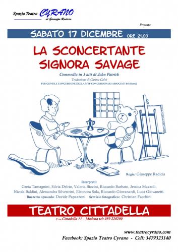 locandina La sconcertante Signora savage di John Patrick al Teatro Cittadella. Regia di Giuseppe Radicia